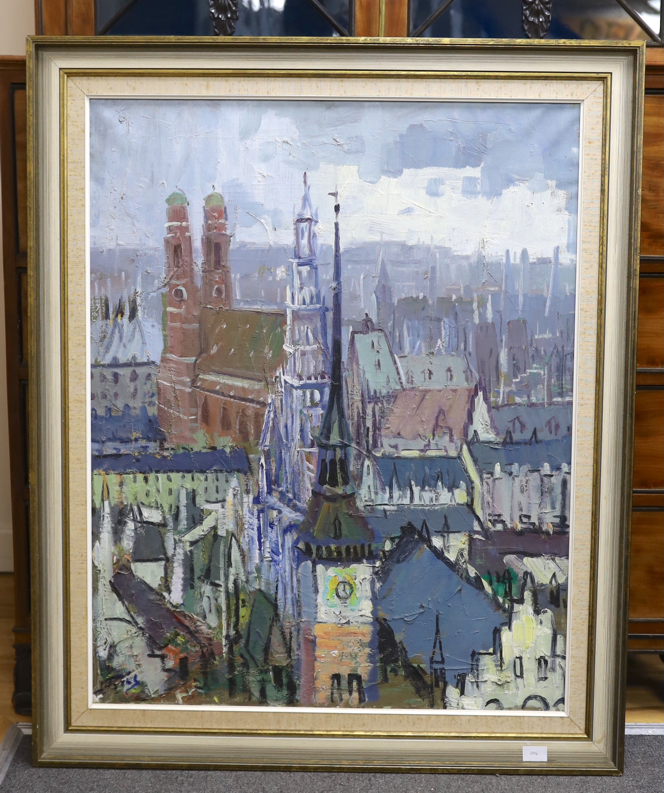 Porés, impressionist oil on canvas, Munich skyline, signed, inscribed verso, 88 x 71cm